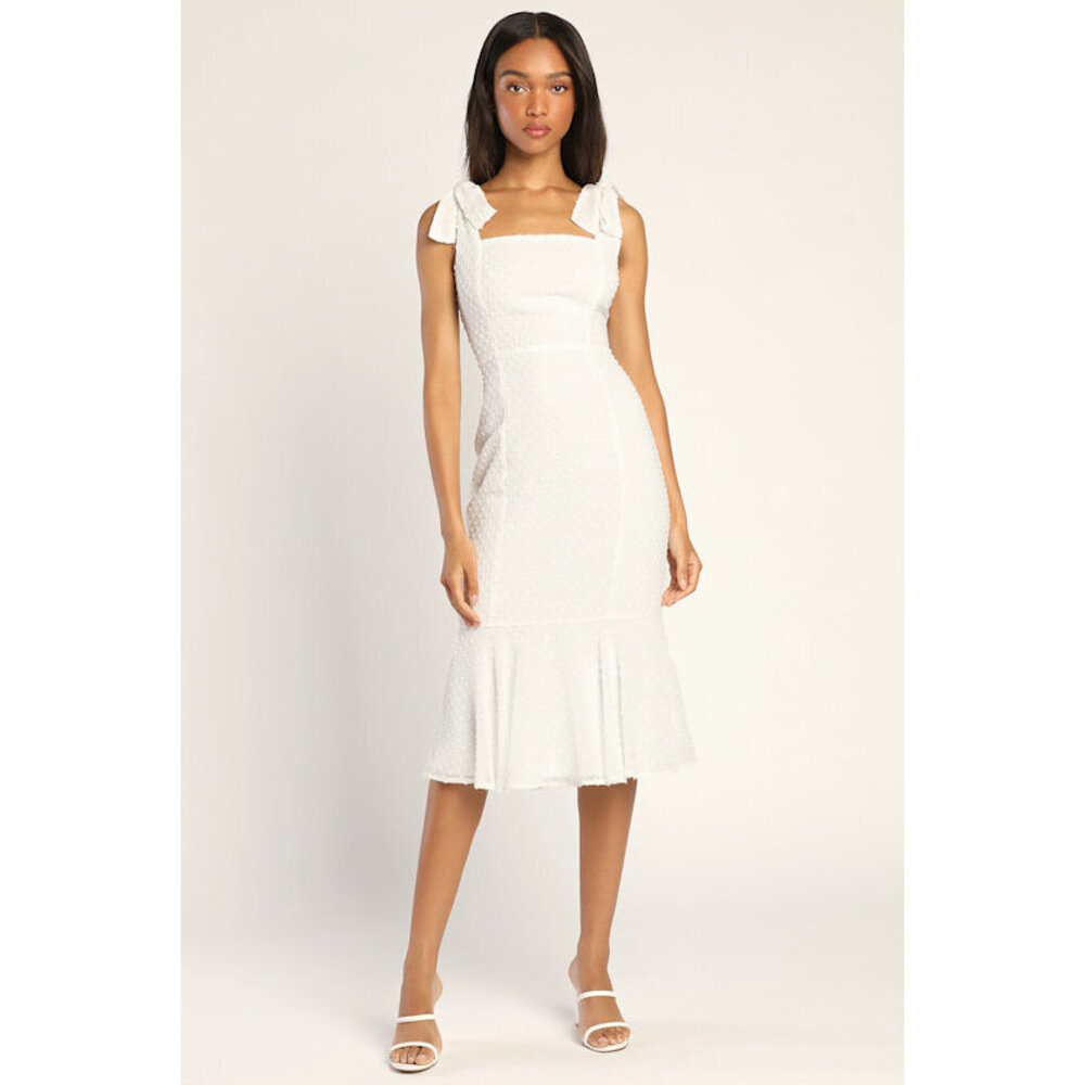 Lulus Bimini White Swiss Dot Tie-strap Midi Dress - Size S. BNWT